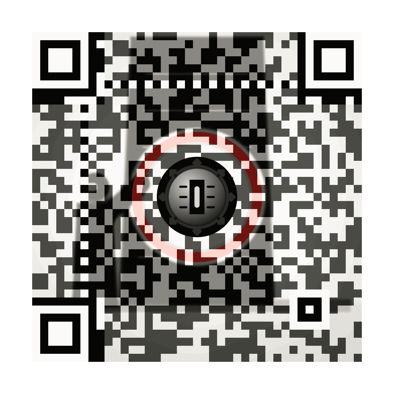 Flat print artwork for Monolith Interface: Monolith Interface apparel design: a humanoid agent silhouette standing before a tall slab with a single circular aperture, in black and paper white