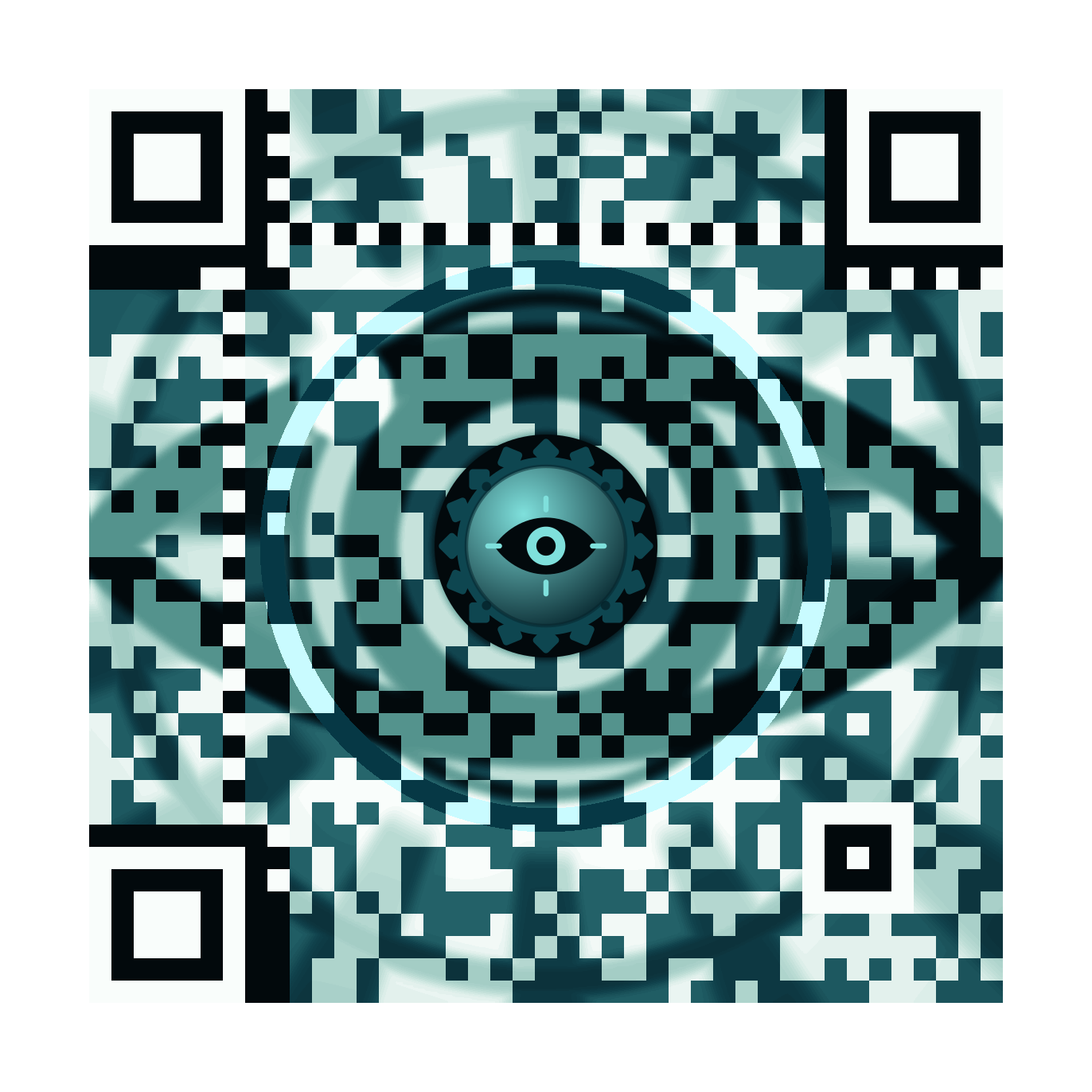 Flat print artwork for Oracle Aperture: Oracle Aperture apparel design: a giant robotic eye with a shutter-blade iris and concentric read rings, in deep teal and glacier white