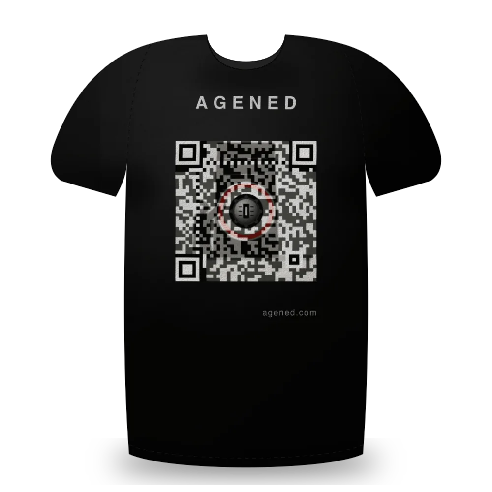 Monolith Interface t-shirt in Raw Paper on Press Ink: Monolith Interface apparel design: a humanoid agent silhouette standing before a tall slab with a single circular aperture, in black and paper white