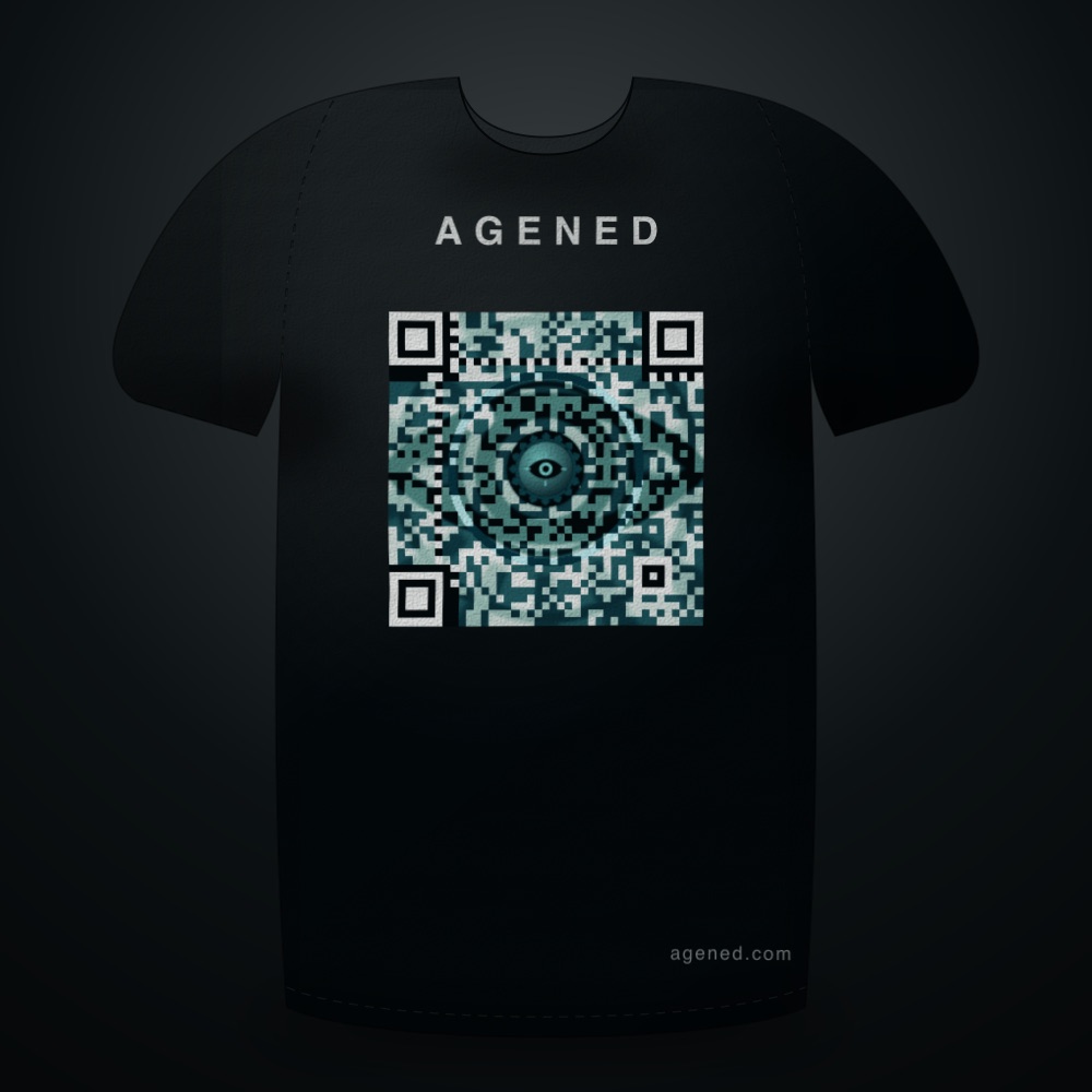 Oracle Aperture t-shirt in Glacier Teal on Abyss: Oracle Aperture apparel design: a giant robotic eye with a shutter-blade iris and concentric read rings, in deep teal and glacier white