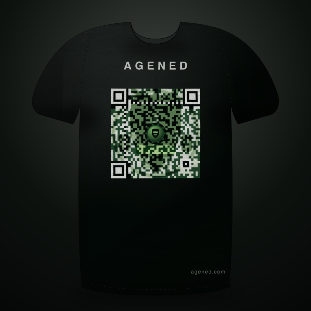 Handshake Protocol t-shirt in Phosphor Green on Pitch, front view with the
     chest print and AGENED wordmark