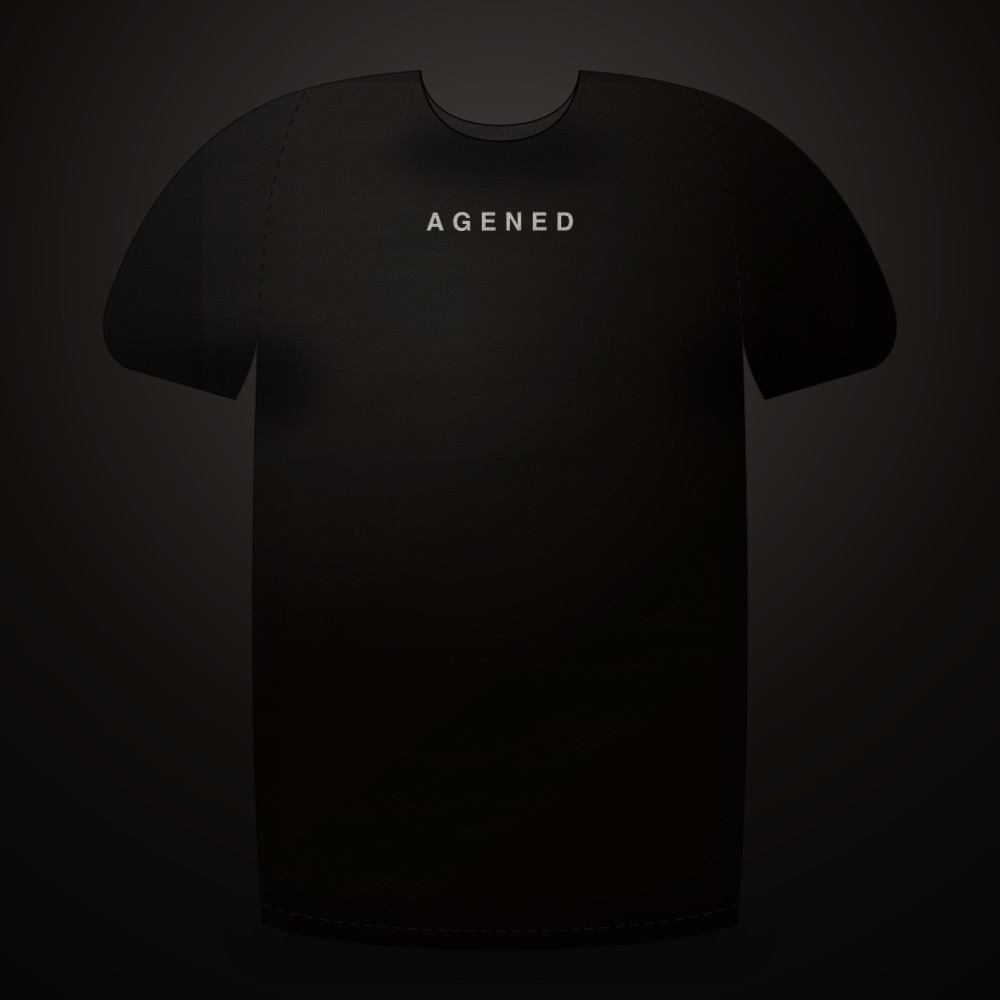 Bronze Sentinel t-shirt in Oxidised Bronze on Black, front view with the
     small AGENED chest wordmark