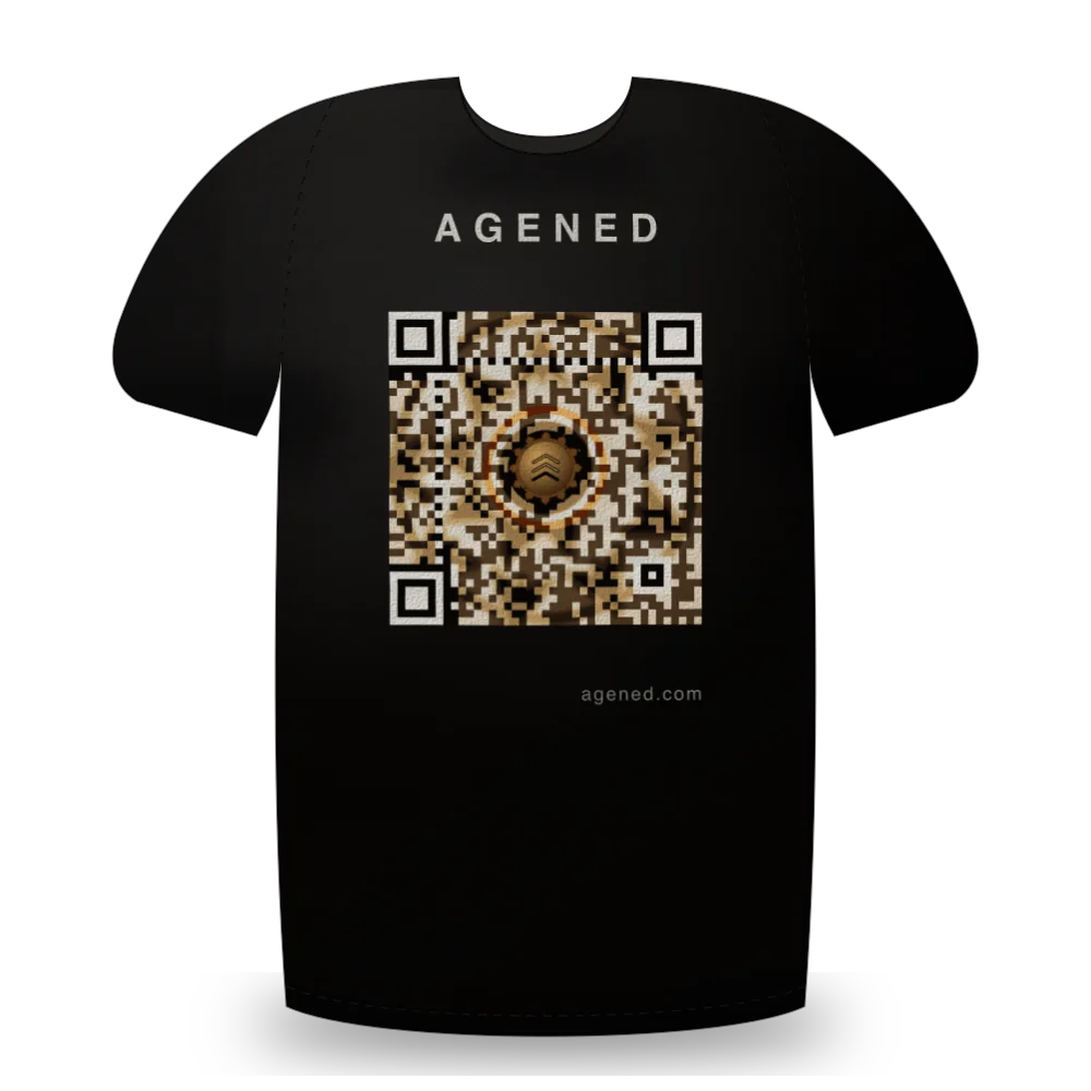 Swarm Protocol t-shirt in Ember Amber on Charcoal: Swarm Protocol apparel design: a spiral of delta-wing craft orbiting a decision core, in ember amber and scorched charcoal
