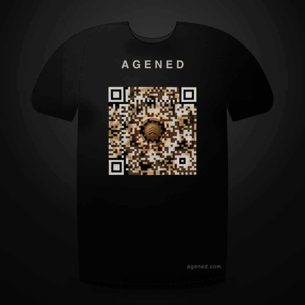 Swarm Protocol t-shirt in Ember Amber on Charcoal: Swarm Protocol apparel design: a spiral of delta-wing craft orbiting a decision core, in ember amber and scorched charcoal